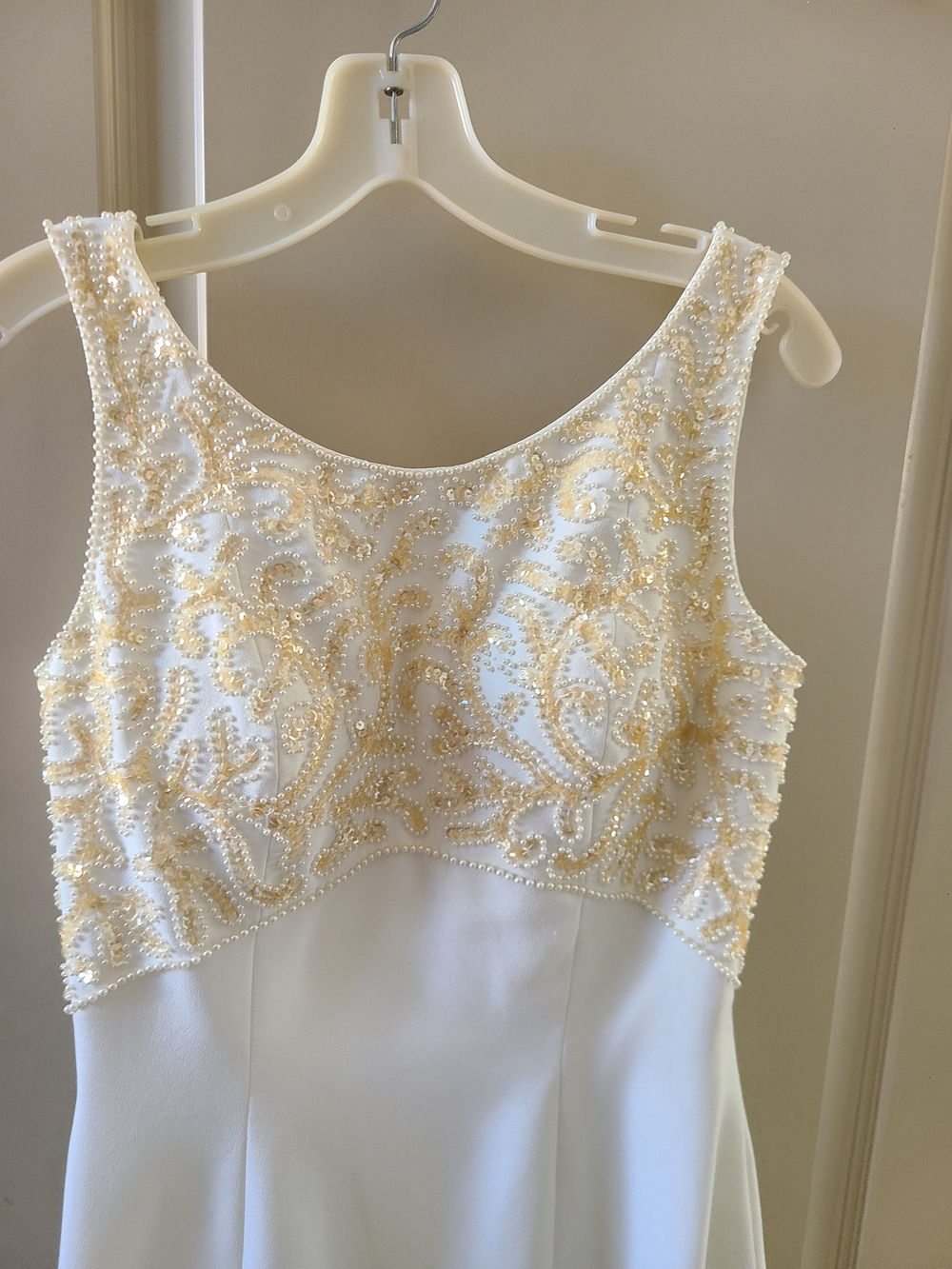 David's Bridal White Dress with Gold Beaded Bodice